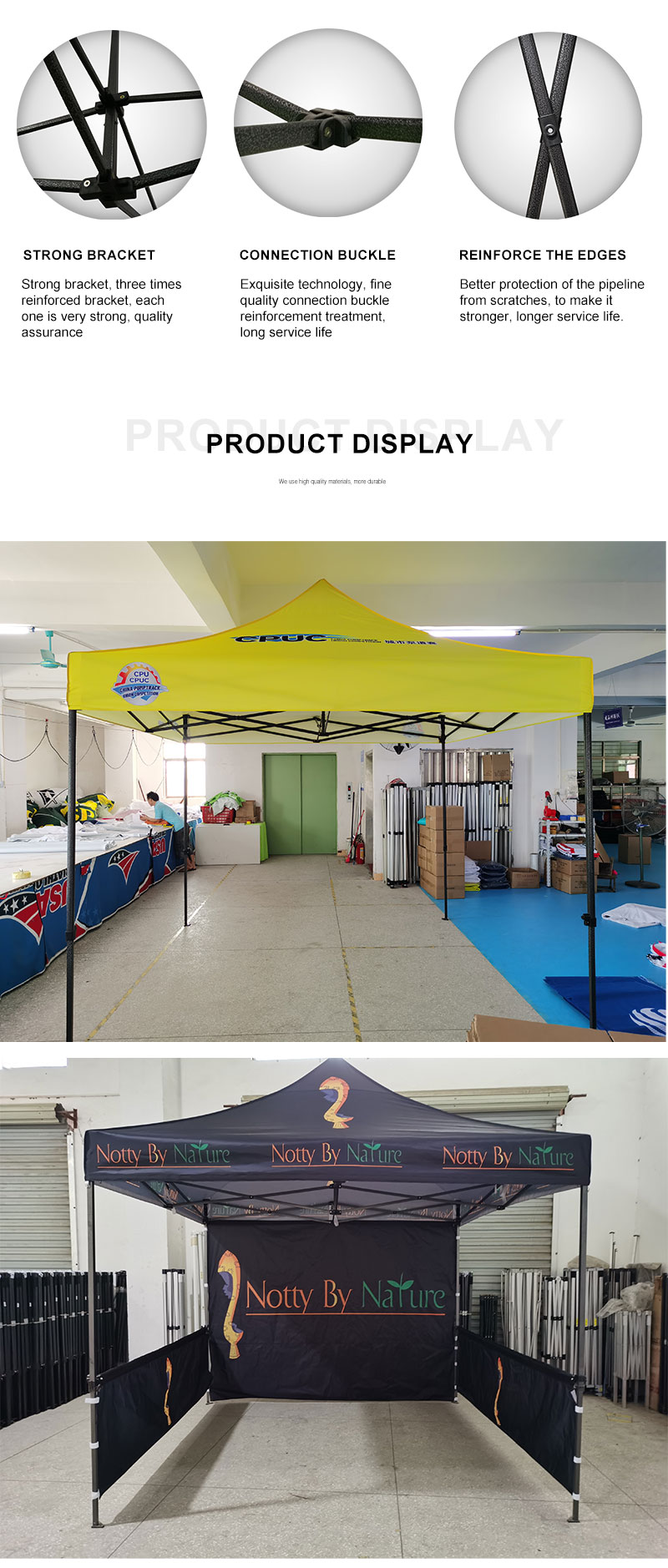 DTENT factory workshop — pop up canopy production and quality inspection
